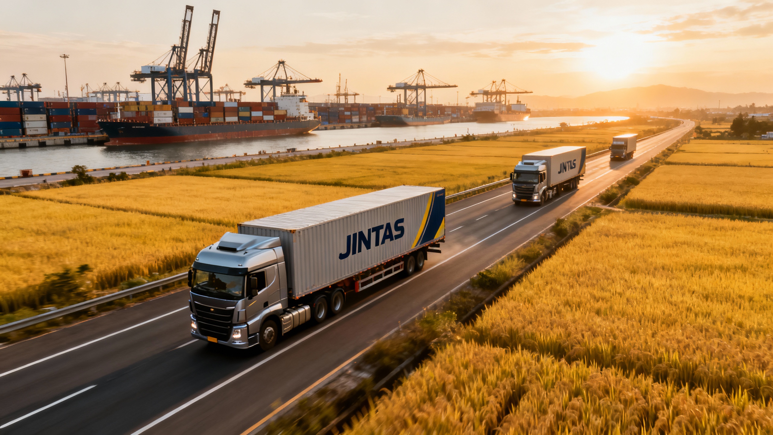 A view of a busy shipping port with cargo ships and containers, representing global trade.